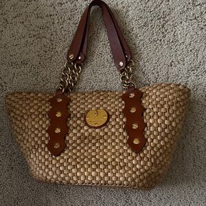 Elegant Tan Woven Tote with Brown Accents